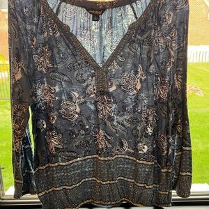 Lucky Brand Navy and Cream Floral V-Neck Long Sleeve Blouse